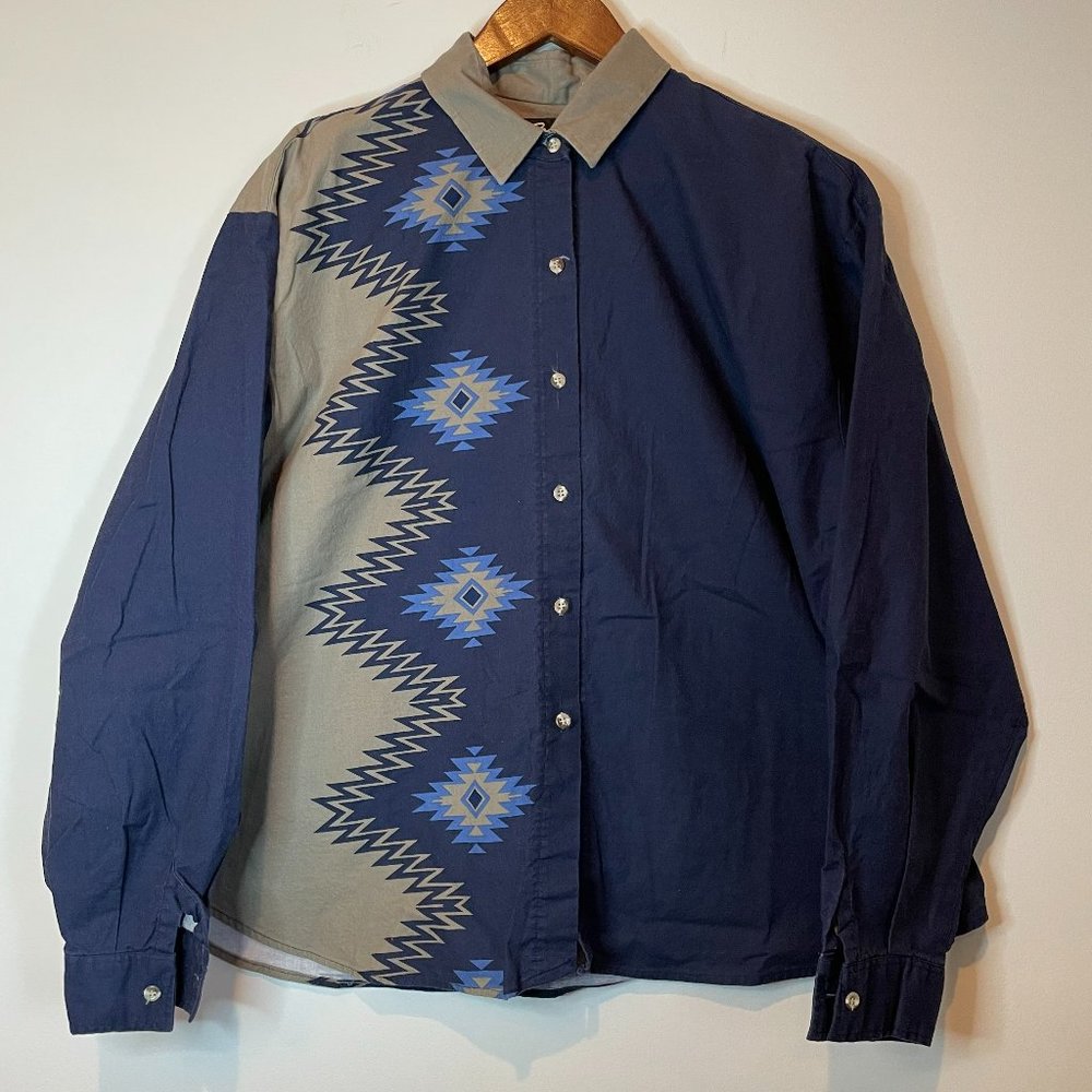VTG Roper Border Aztec Western Cowboy Button Down Shirt Men’s XL Navy Gray